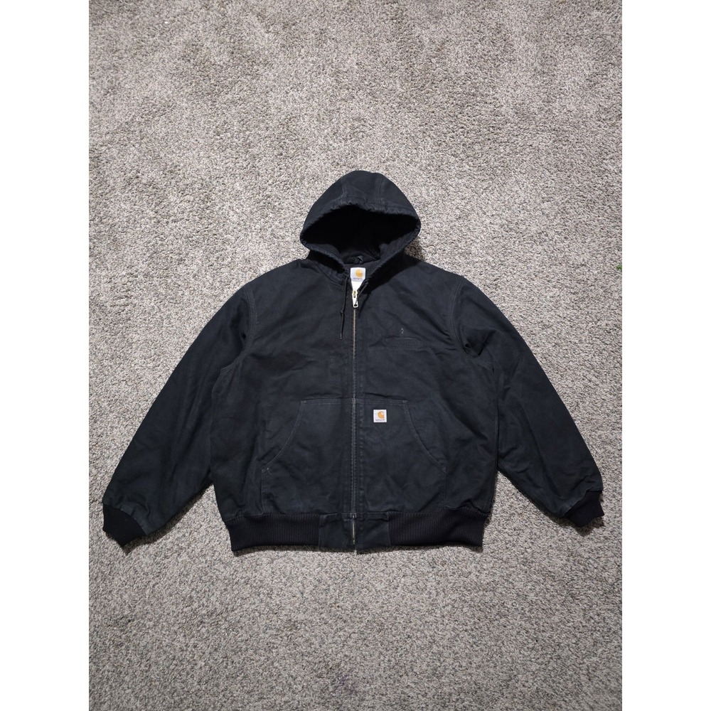 Vintage Carhartt Black Hooded Jacket Size XL Canvas Quilt Lined j140 blk OKC